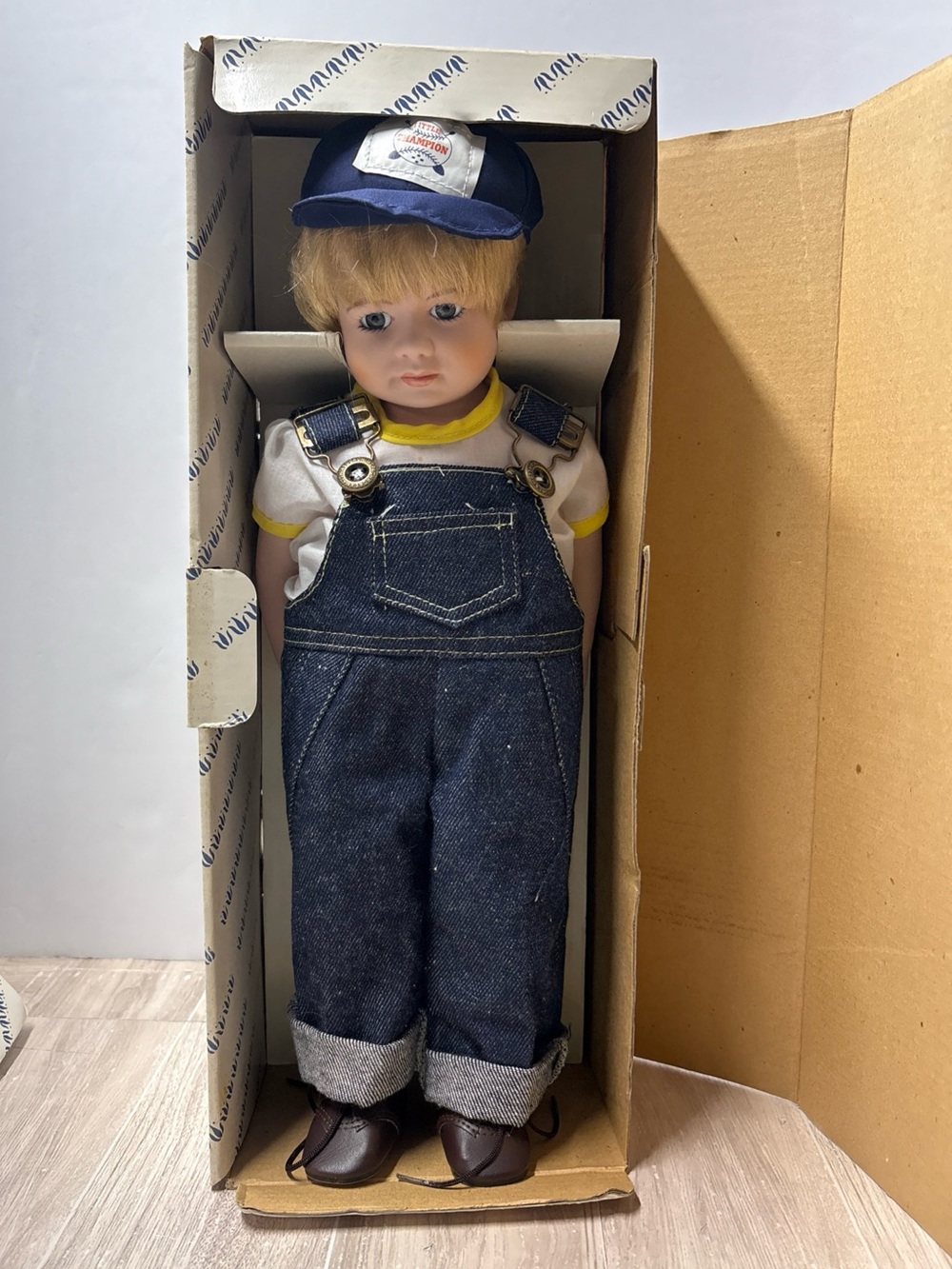 Doll 15" Porcelain Boy Doll Farmer Tommy Boy-Blu With Blue Cap READ SEE PHOTOS